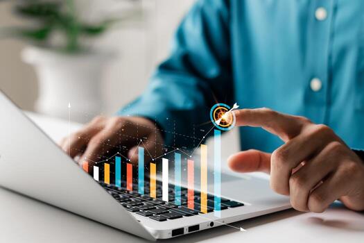 businessman analyzing company s financial balance sheet working with digital augmented reality graphics businessman calculates financial data for long term investment photo